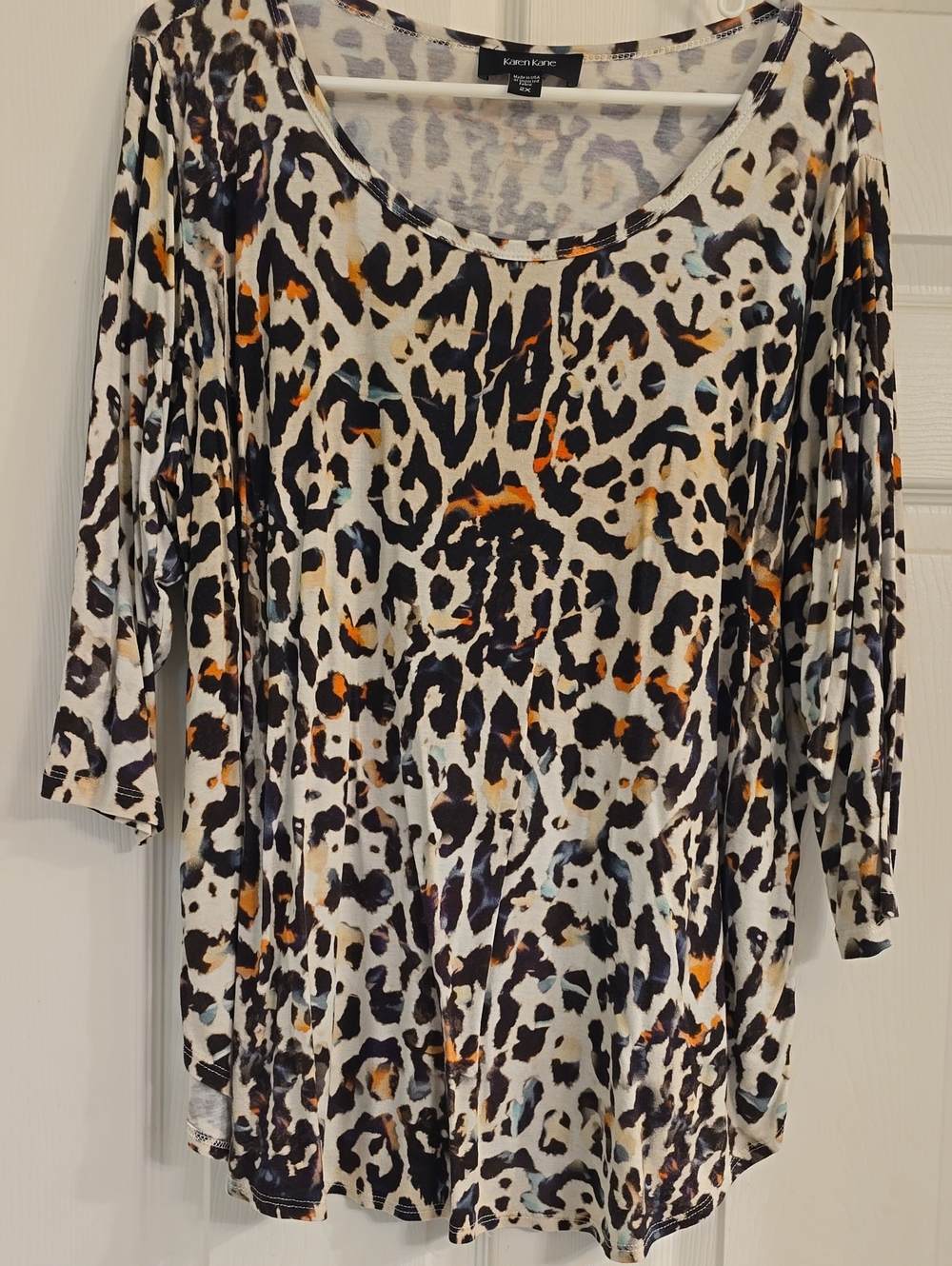 Karen Kane Cream Animal Print Scoop Neck Tunic with Black, Brown & Blue Spots